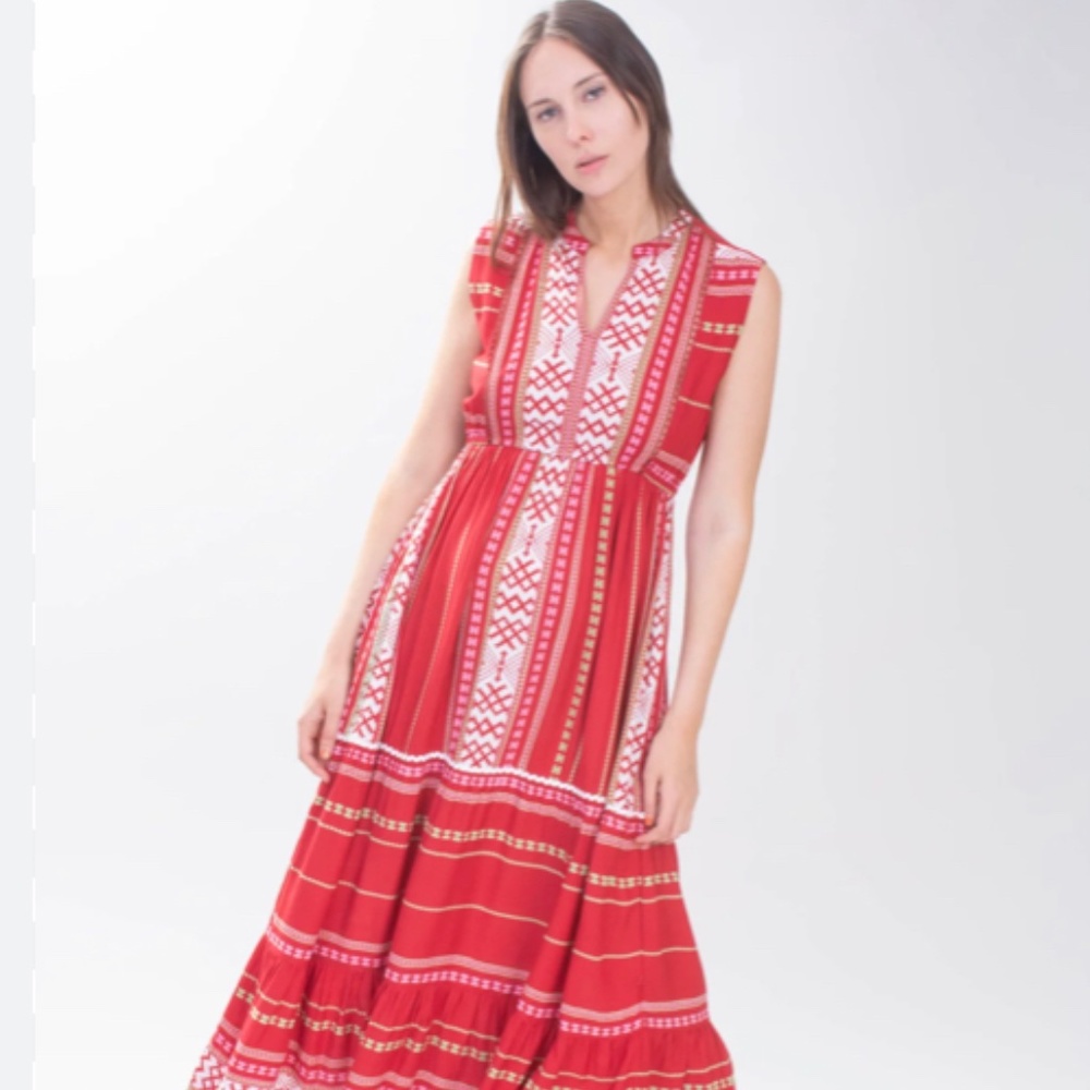 Area Stars Hudson Spring Summer Dress Red White Long Maxi dress, Sleeveless boho - Picture 2 of 8
